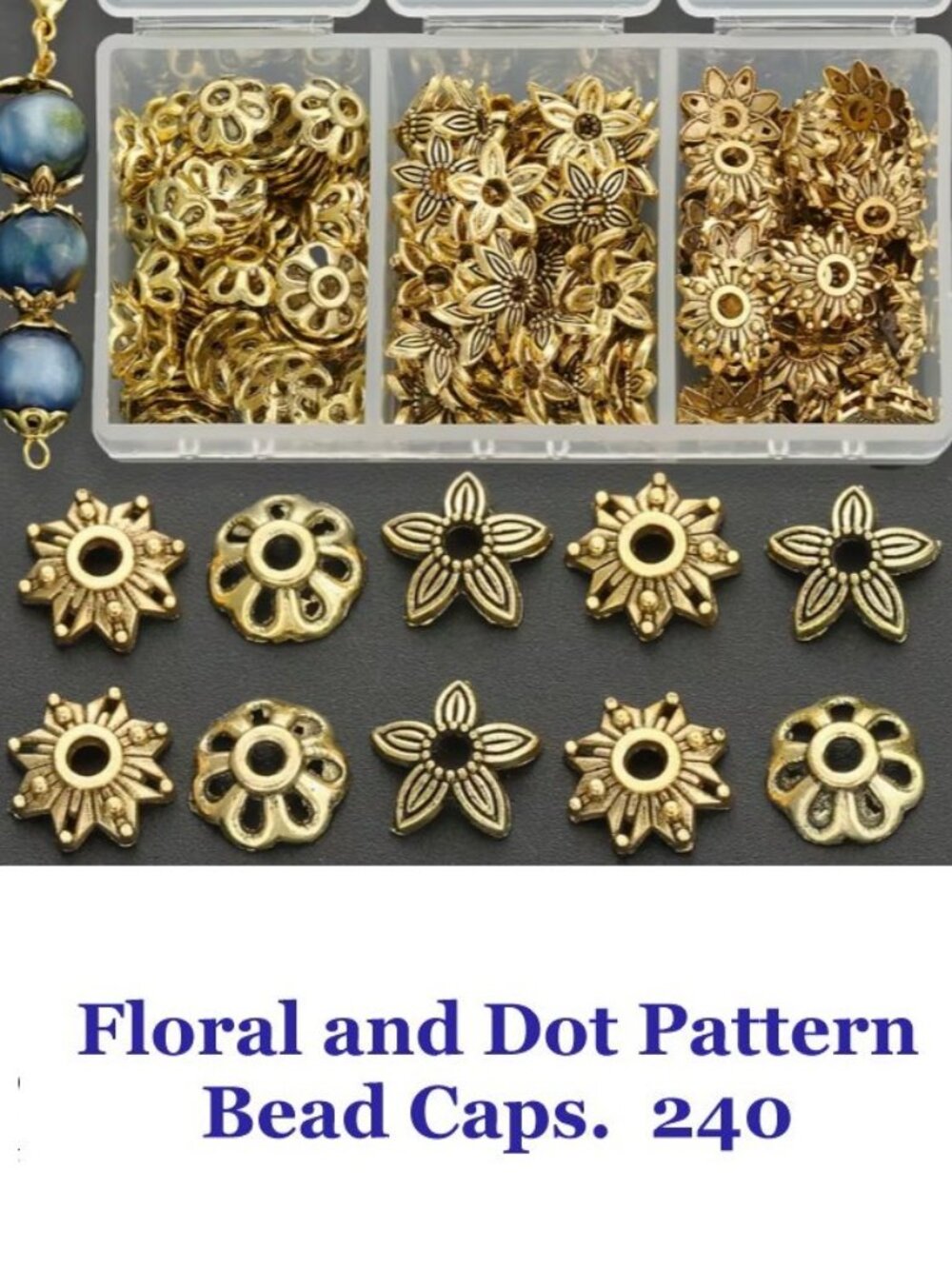 Floral and Dot Pattern Bead Caps Golden Color  240pcs/box